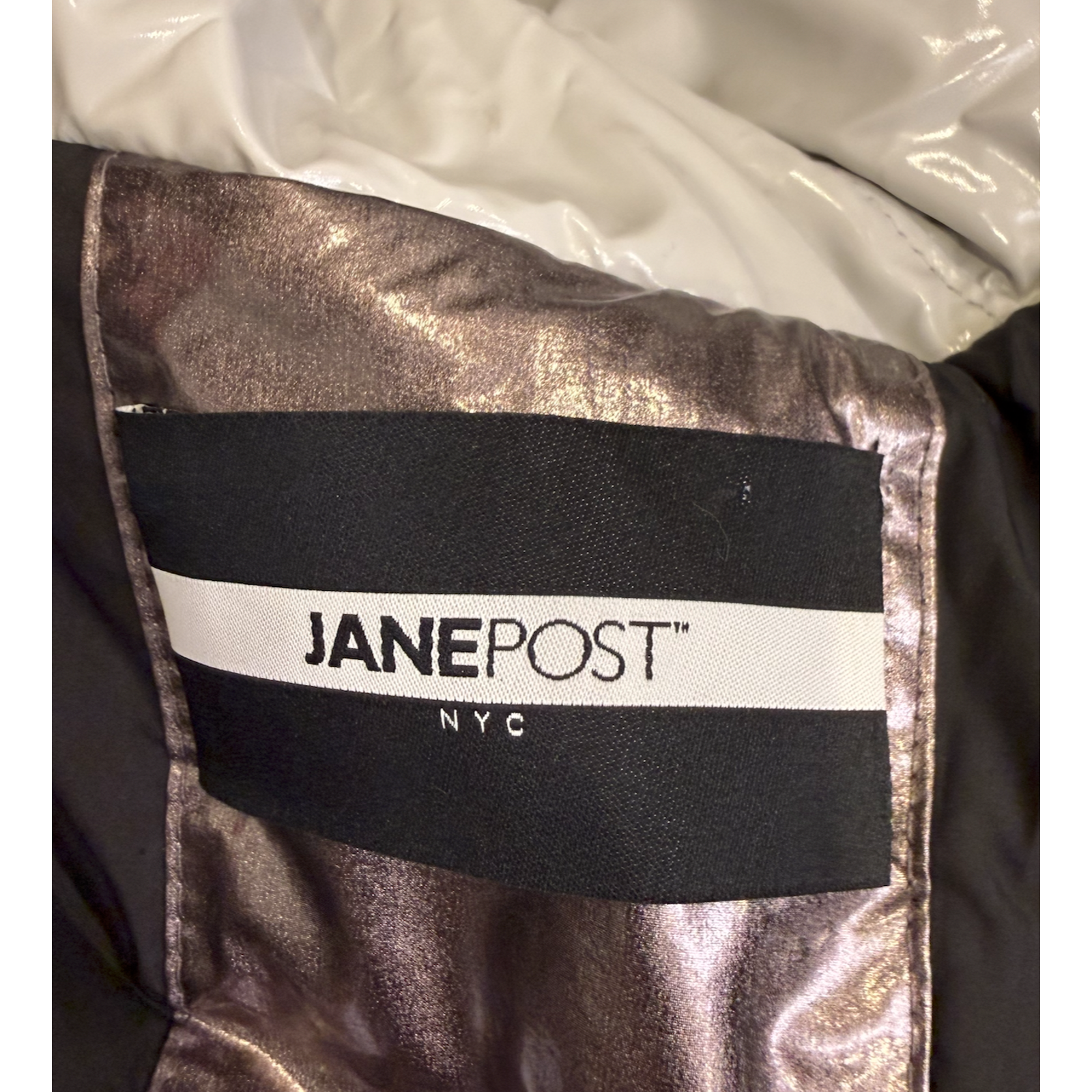 Nwt Jane Post Light Grey Padded Patent Rain Slicker Parka Coat Raincoat Jacket S — image 7 of 8